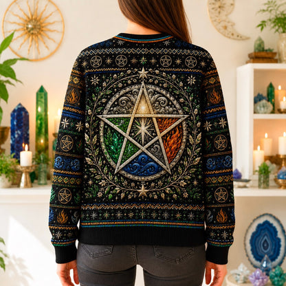 Elemental Pentacle Sweater Four Elements Wiccan Altar Knit worn, back view