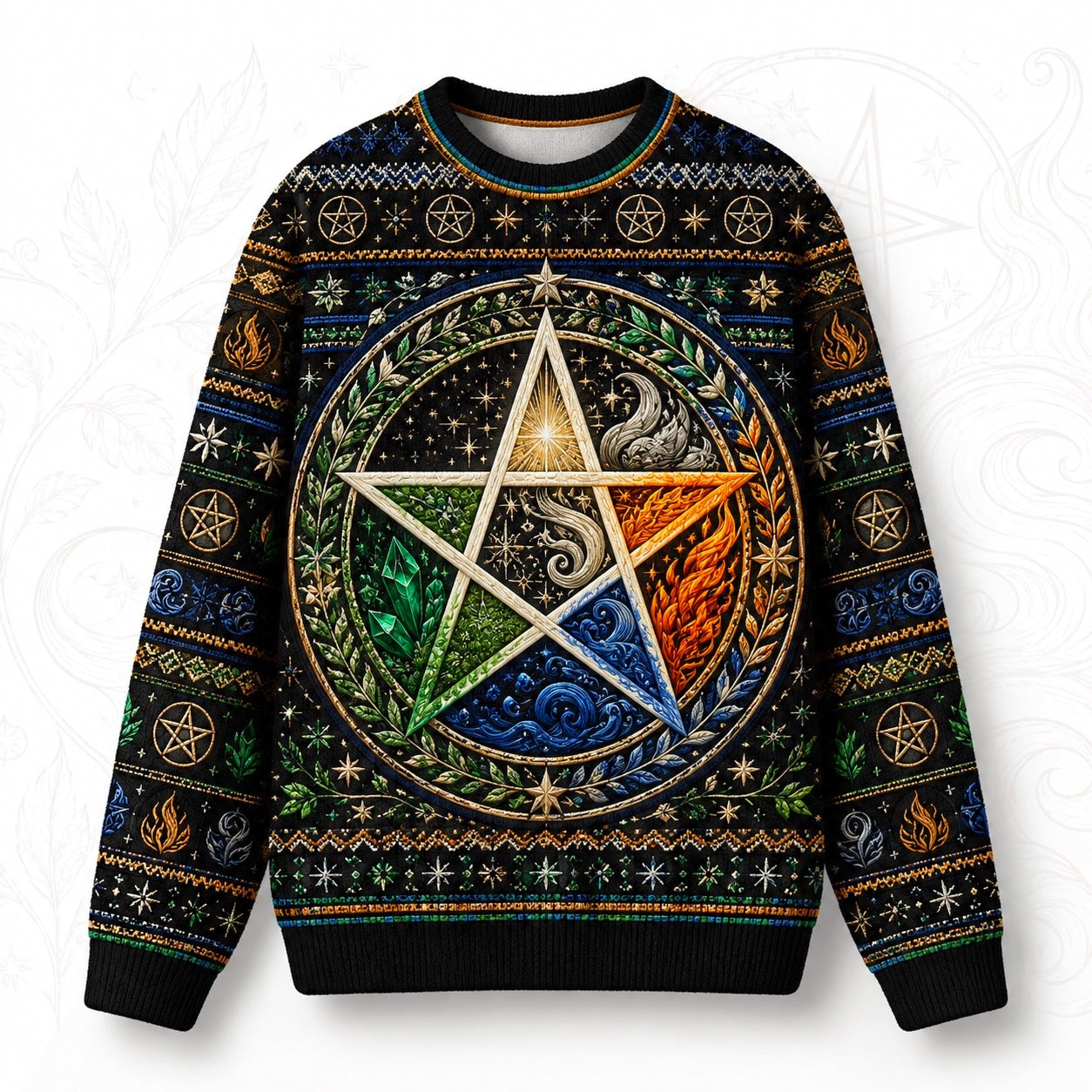 Elemental Pentacle Sweater Four Elements Wiccan Altar Knit front view