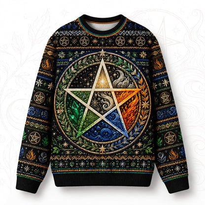 Elemental Pentacle Sweater Four Elements Wiccan Altar Knit front view