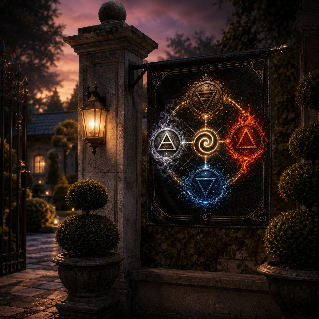 Close-up of Elemental Wheel house flag showing spiral rune artwork