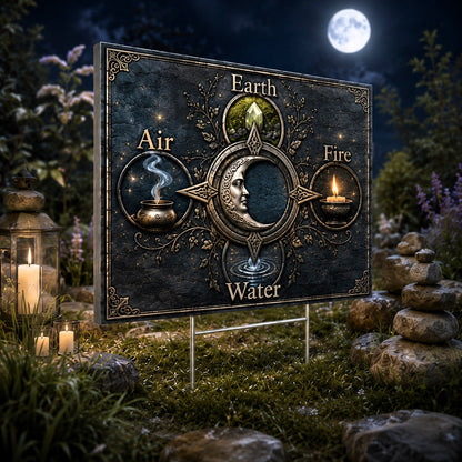 Elements Earth Air Fire Water Wicca Yard Sign - garden display