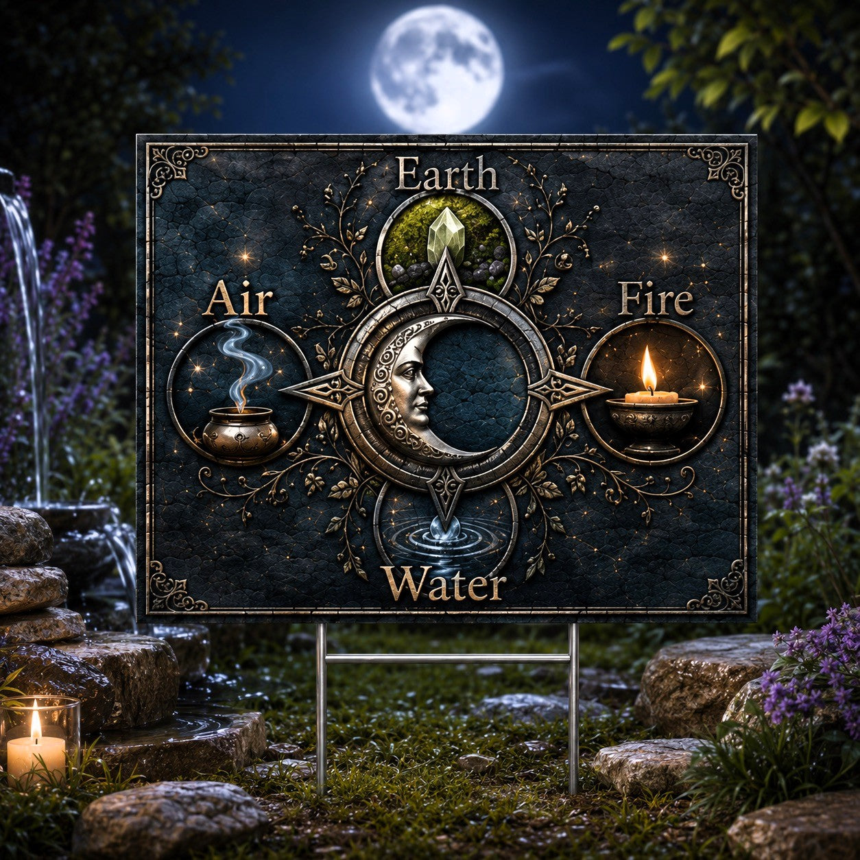 Elements Earth Air Fire Water Wicca Yard Sign - porch scene