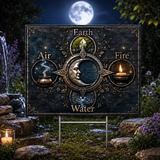 Elements Earth Air Fire Water Wicca Yard Sign - porch scene