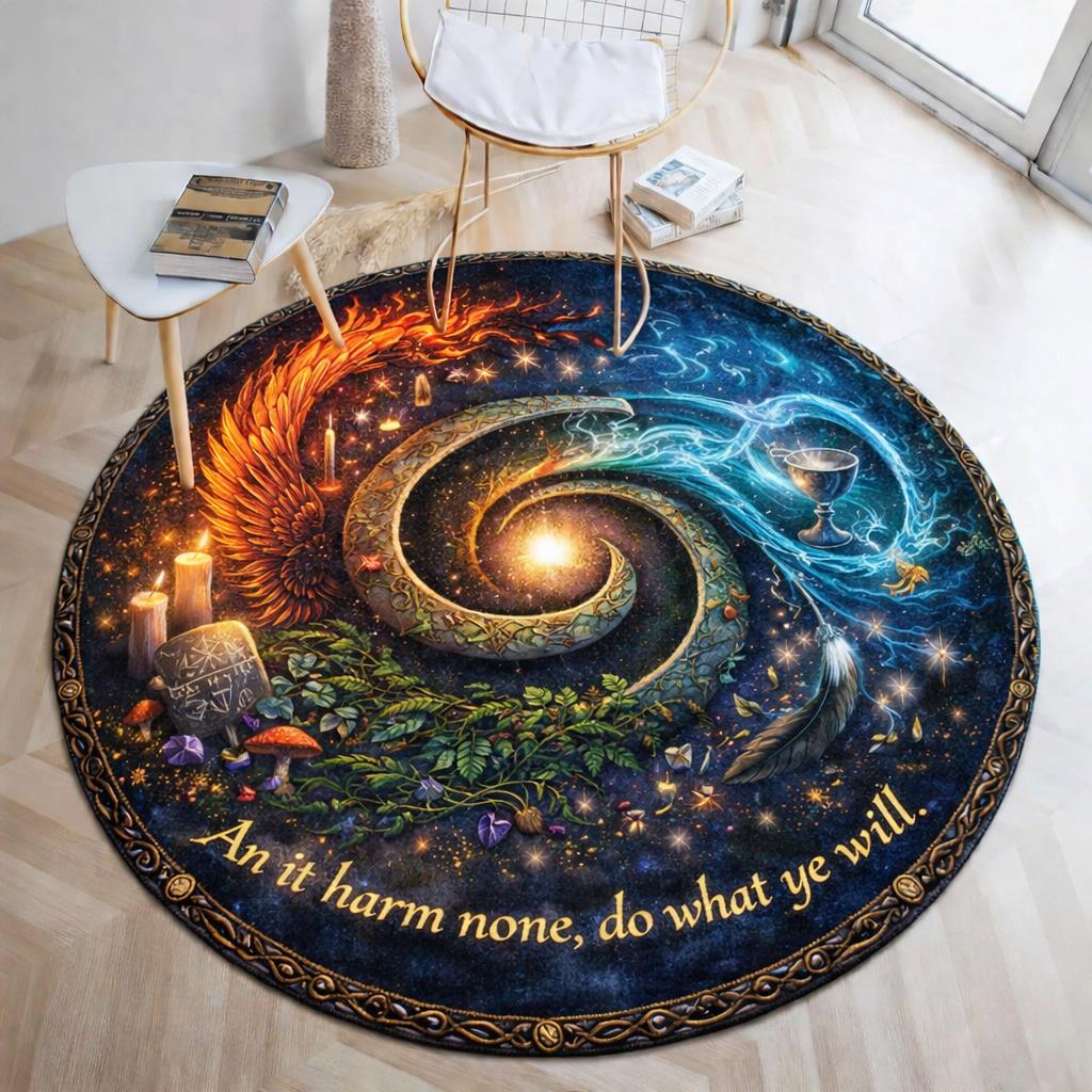 Wicca round rug with a fiery dragon, blue serpent, galaxy spiral, candles, and "An it harm none" text.