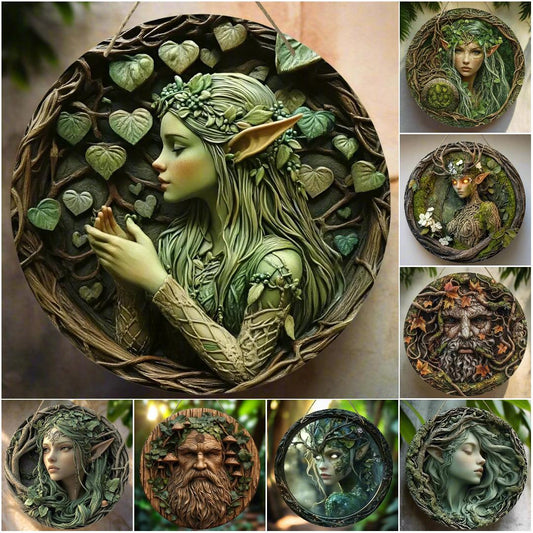 Mysterious Elf and Green Man Wooden Sign Pagan Hanging Sign Wall Decor