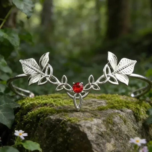 Elven Tiara Vintage Celtic Knot Leaf Headpiece with Red Gem - Fantasy Pagan Hair Jewelry-MoonChildWorld