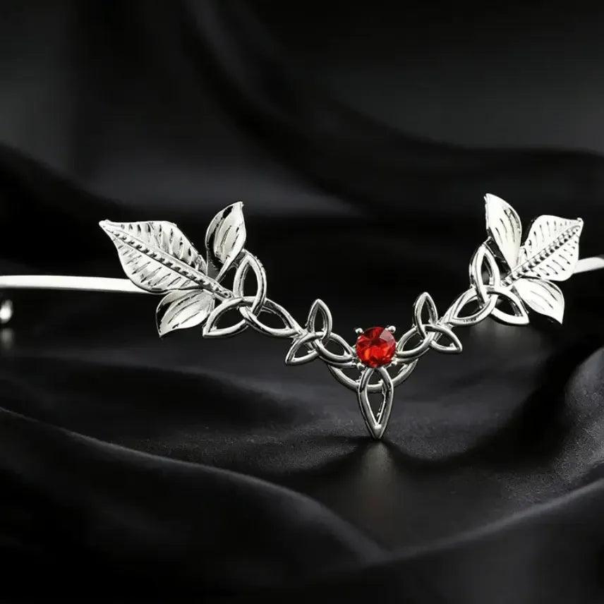 Elven Tiara Vintage Celtic Knot Leaf Headpiece with Red Gem - Fantasy Pagan Hair Jewelry-MoonChildWorld