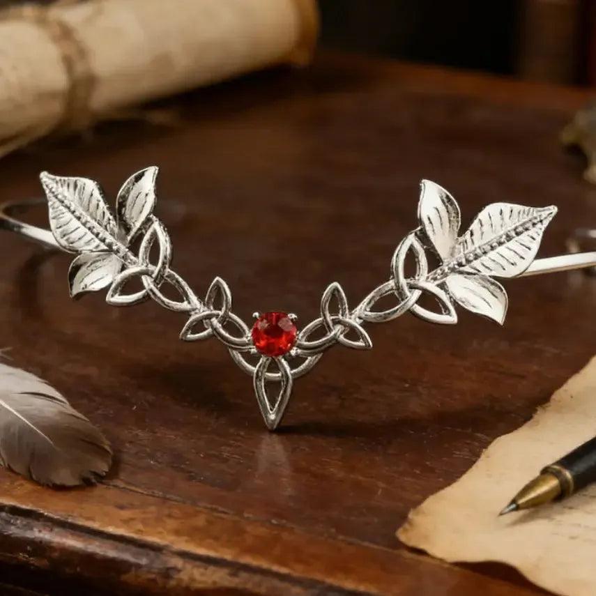 Elven Tiara Vintage Celtic Knot Leaf Headpiece with Red Gem - Fantasy Pagan Hair Jewelry-MoonChildWorld