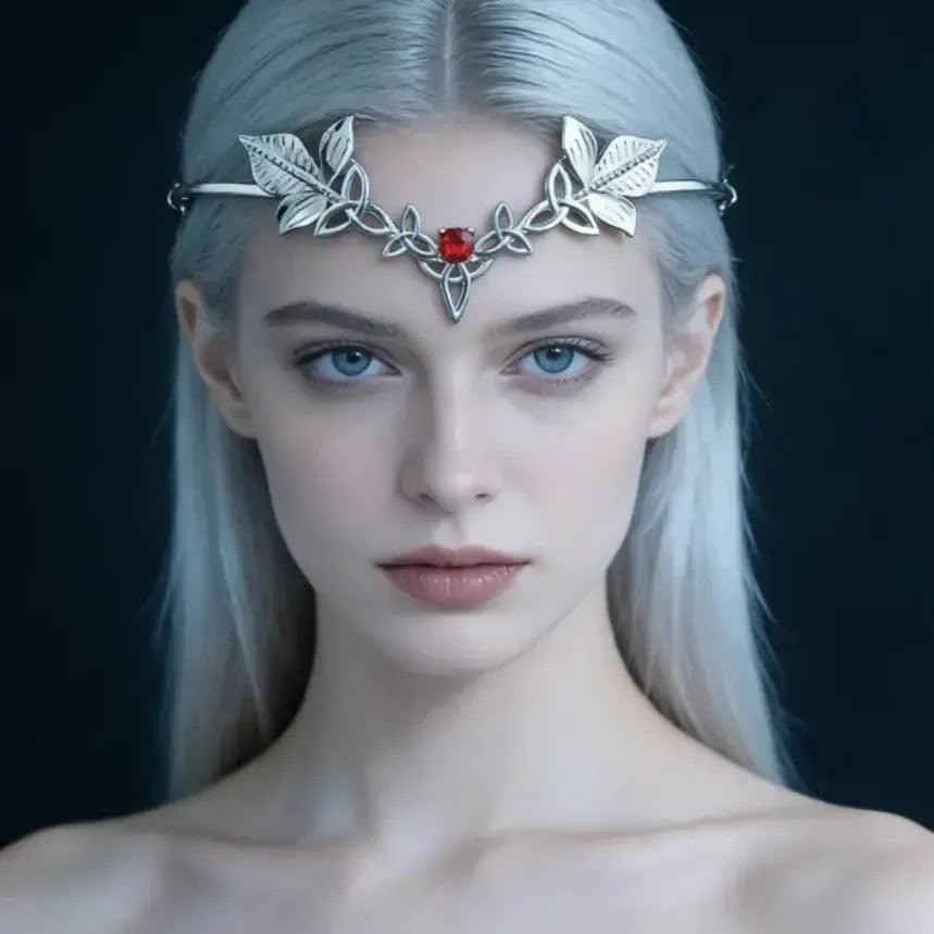 Elven Tiara Vintage Celtic Knot Leaf Headpiece with Red Gem - Fantasy Pagan Hair Jewelry-MoonChildWorld