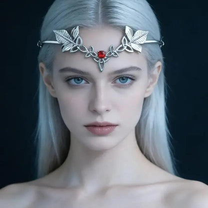 Elven Tiara Vintage Celtic Knot Leaf Headpiece with Red Gem - Fantasy Pagan Hair Jewelry-MoonChildWorld