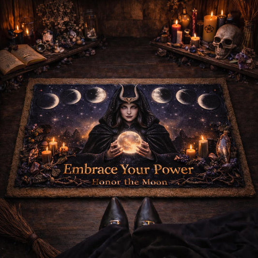 Gothic witch doormat with a dark-haired sorceress holding an orb, surrounded by moon phases and candles.