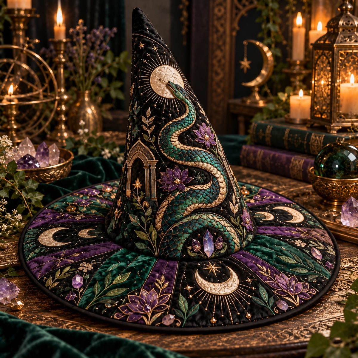 Emerald Temple Quilted Witch Hat – Serpent Lotus Gothic Brim Hat – styled with candles and crystals