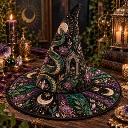 Emerald Temple Quilted Witch Hat – Serpent Lotus Gothic Brim Hat – styled with candles and crystals