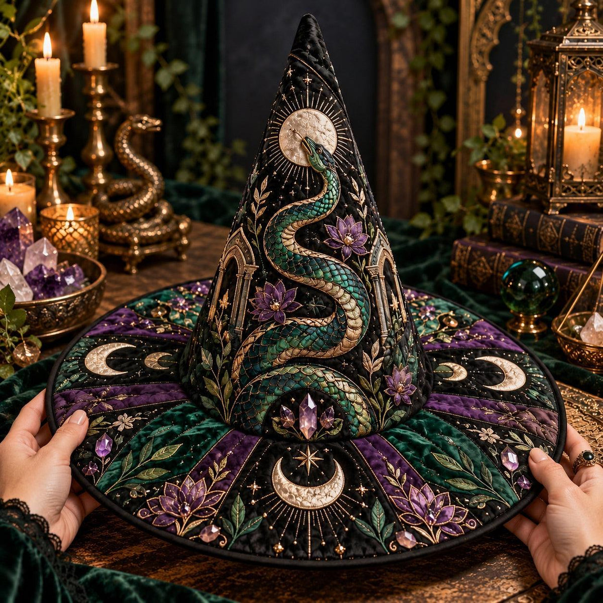 Emerald Temple Quilted Witch Hat – Serpent Lotus Gothic Brim Hat – held in both hands