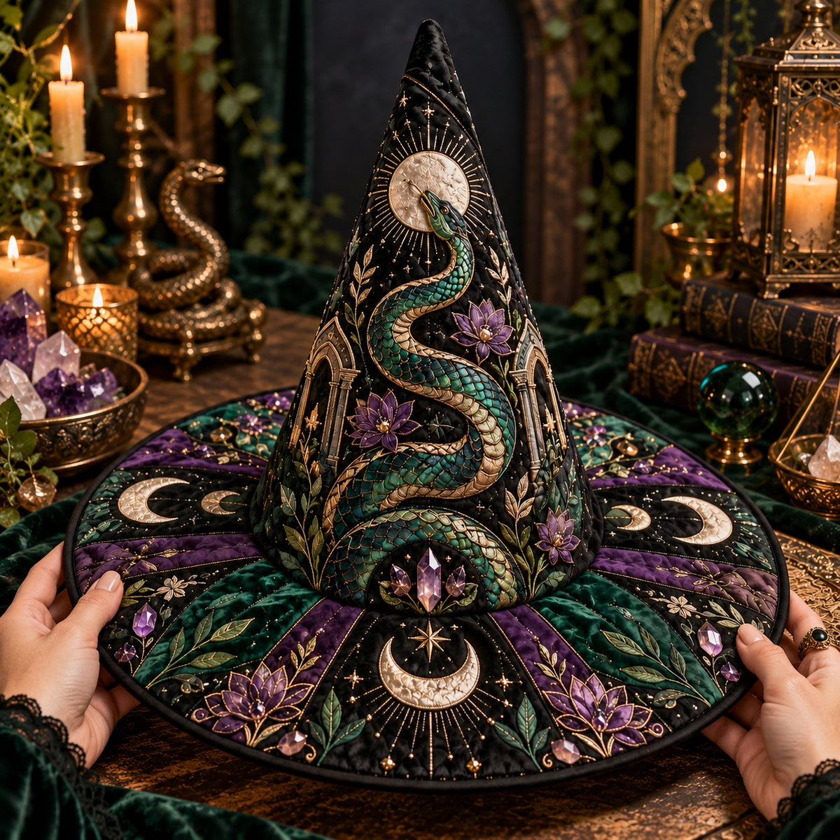 Emerald Temple Quilted Witch Hat – Serpent Lotus Gothic Brim Hat – held in both hands