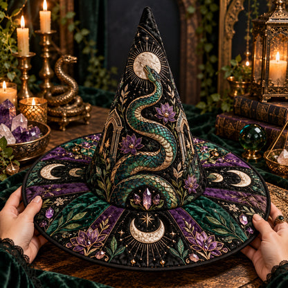 Emerald Temple Quilted Witch Hat – Serpent Lotus Gothic Brim Hat – held in both hands