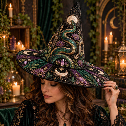 Emerald Temple Quilted Witch Hat – Serpent Lotus Gothic Brim Hat – worn by a model
