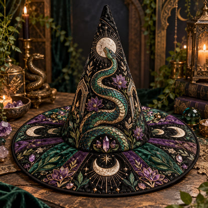 Emerald Temple Quilted Witch Hat – Serpent Lotus Gothic Brim Hat – styled with candles and crystals