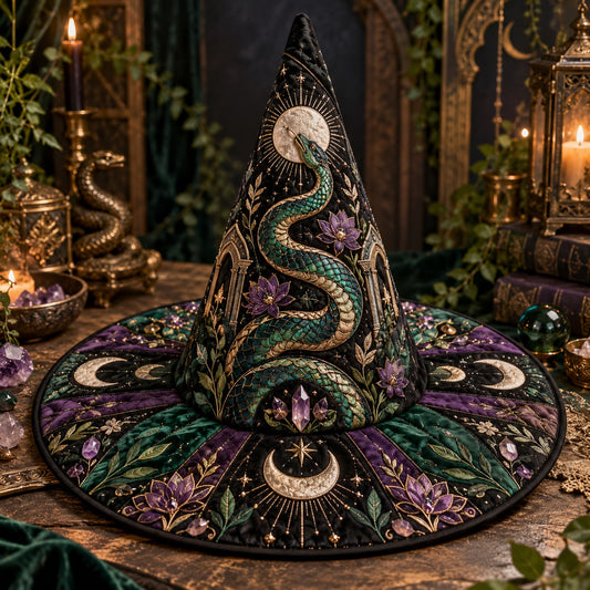 Emerald Temple Quilted Witch Hat – Serpent Lotus Gothic Brim Hat – styled with candles and crystals
