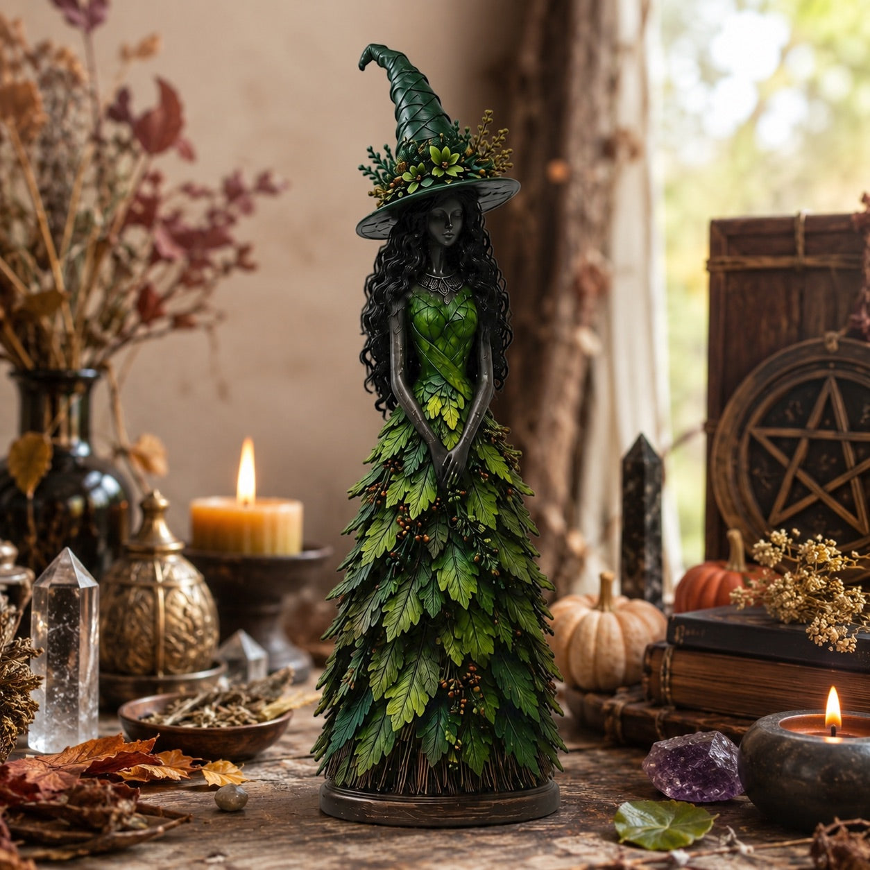 Forest Spell green witch figurine with quartz crystal and pentagram book decor