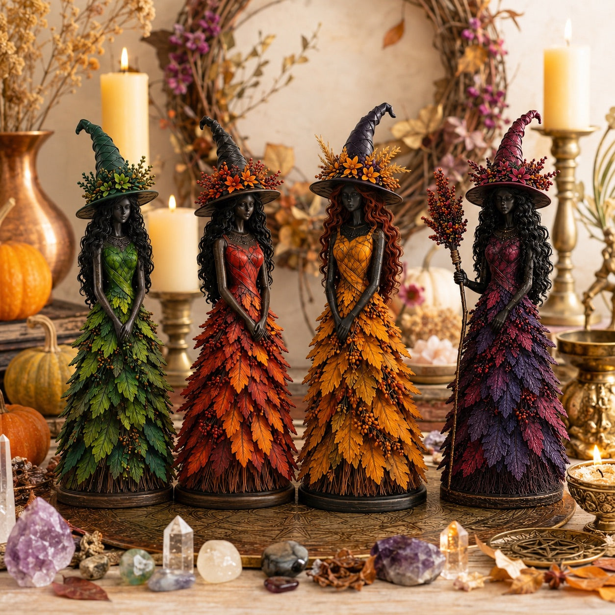 Autumn witch figurine set displayed with candles and crystal cluster fall decor