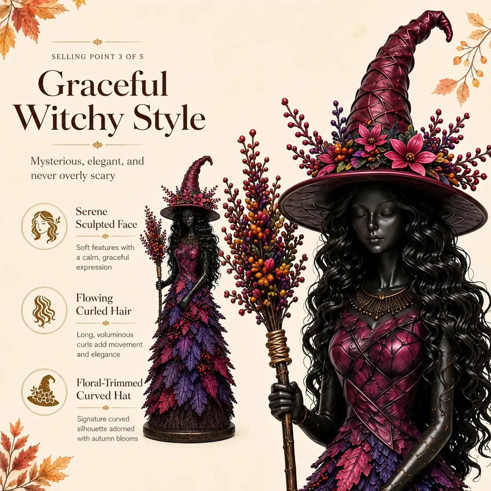 Autumn witch figurine face and hat detail - graceful witchy style features