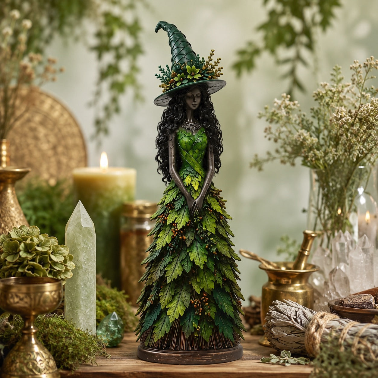 Green Forest Spell witch figurine on witchy altar table with crystals and herbs