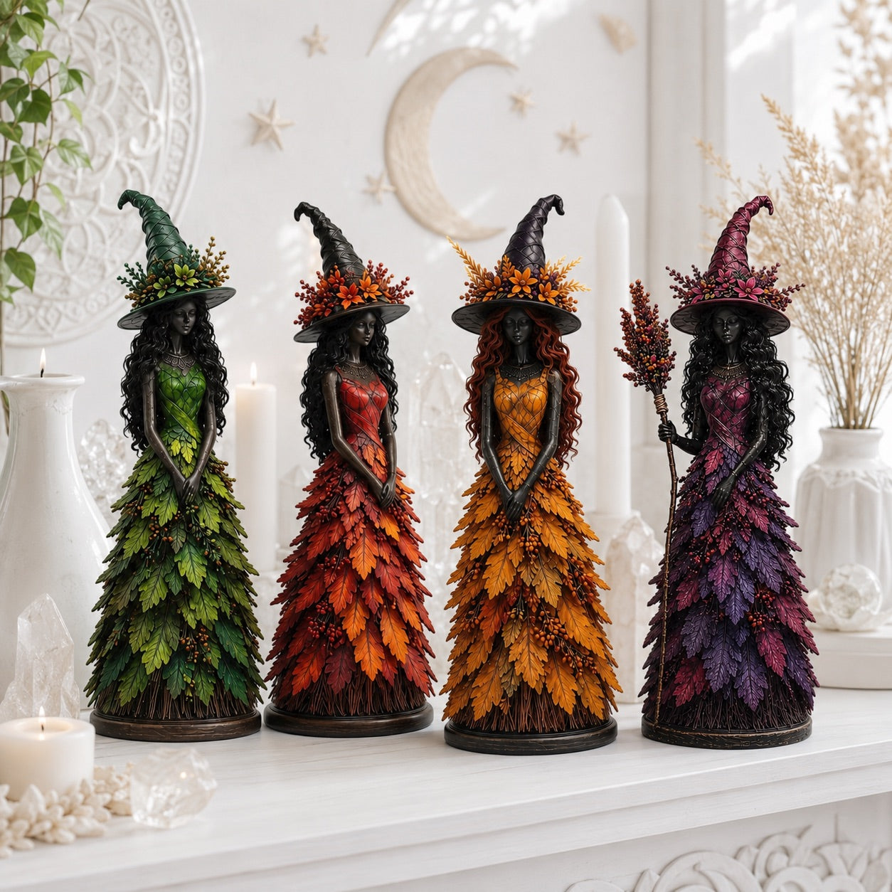 Autumn witch figurine collection on mantel with crescent moon and candles