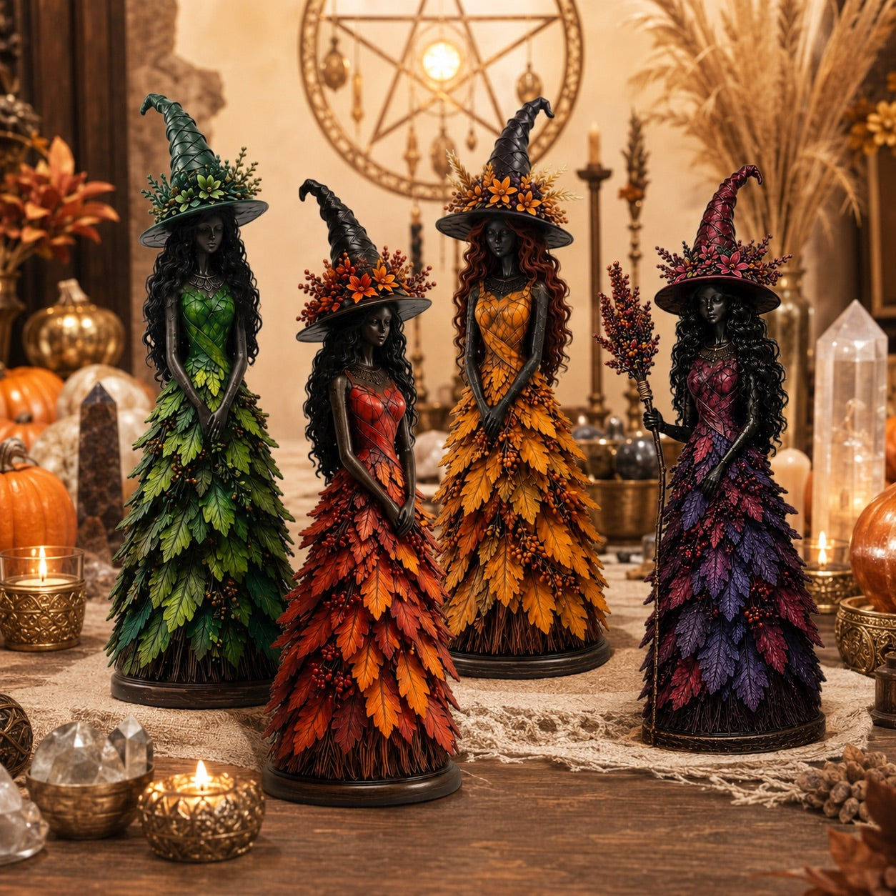 Autumn witch figurine set displayed with pentagram crystals and candles altar decor