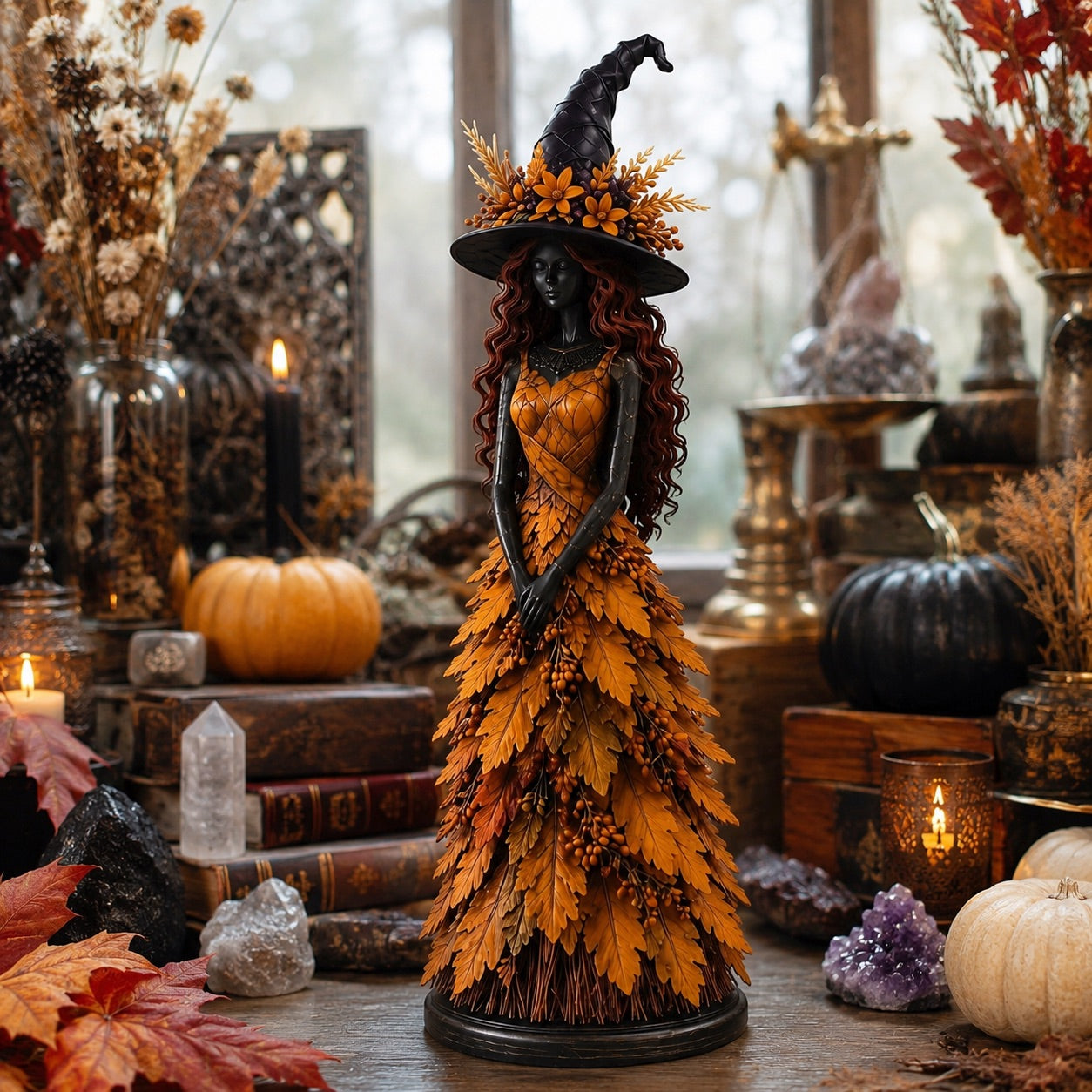 Golden Harvest yellow witch figurine surrounded by crystals books and pumpkins