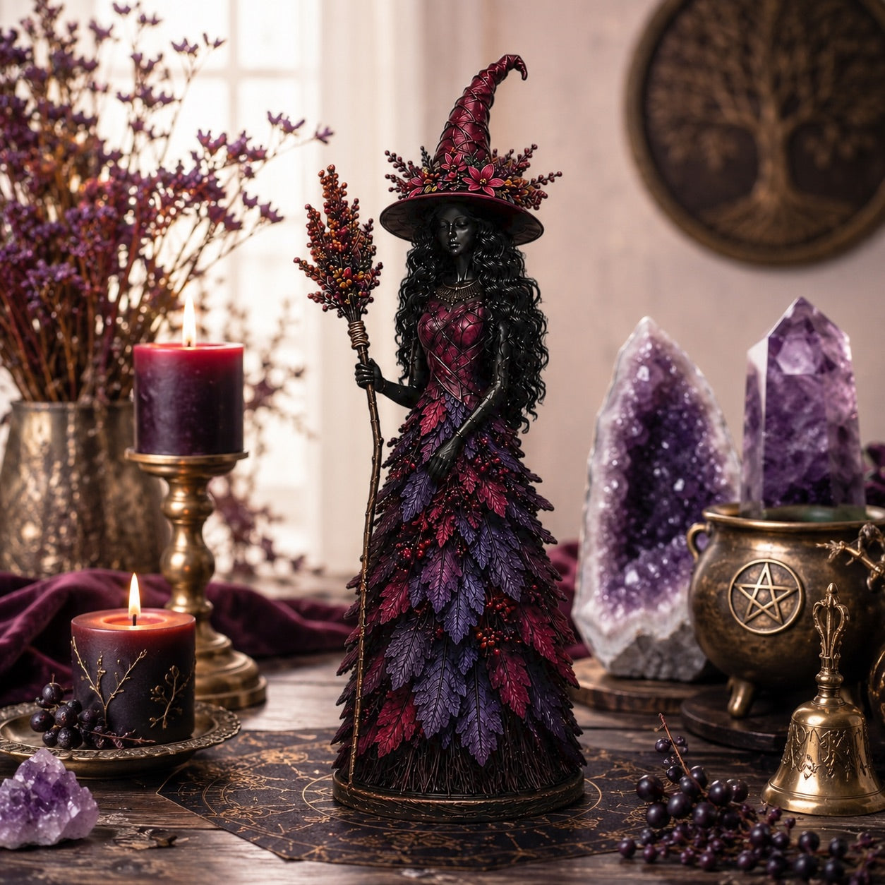 Midnight Bloom purple witch figurine with amethyst crystals and pentagram cauldron
