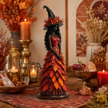 Autumn Ember red witch figurine with candles and gemstone crystals decor