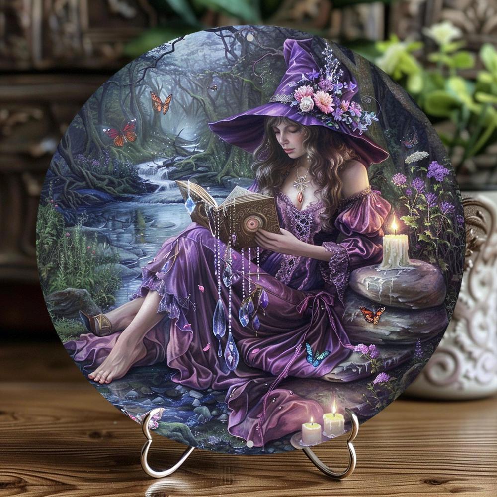 Enchanted Forest Reading Witch Wall Art Witchcraft Metal Sign For Halloween Witchy Wall Decor-MoonChildWorld