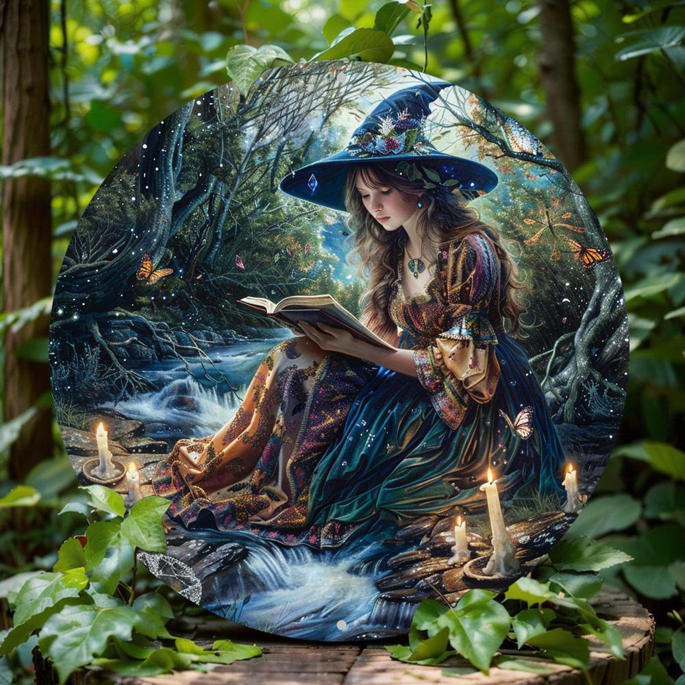 Enchanted Forest Reading Witch Wall Art Witchcraft Metal Sign For Halloween Witchy Wall Decor-MoonChildWorld