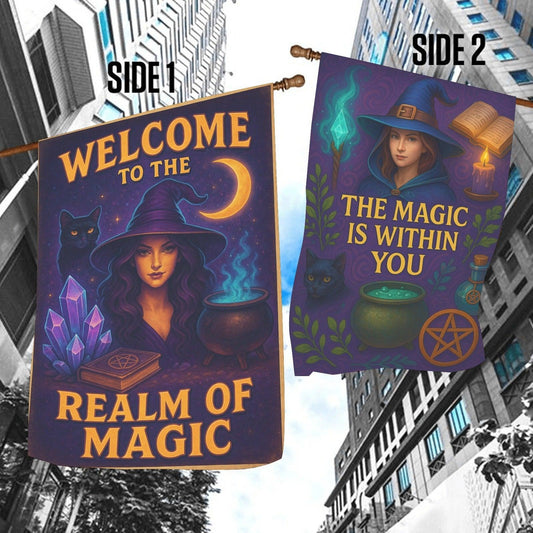 Enchanted Realm Witch Garden Flag and House Flag for Halloween Decor