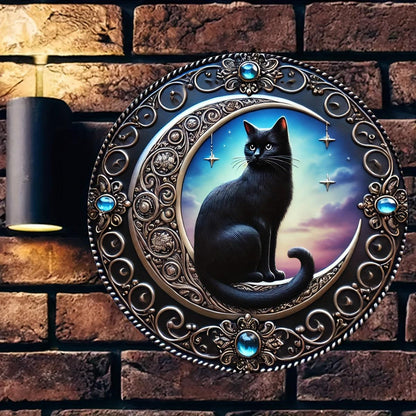Enchanting Black Cat on a Crescent Moon Metal Sign-MoonChildWorld
