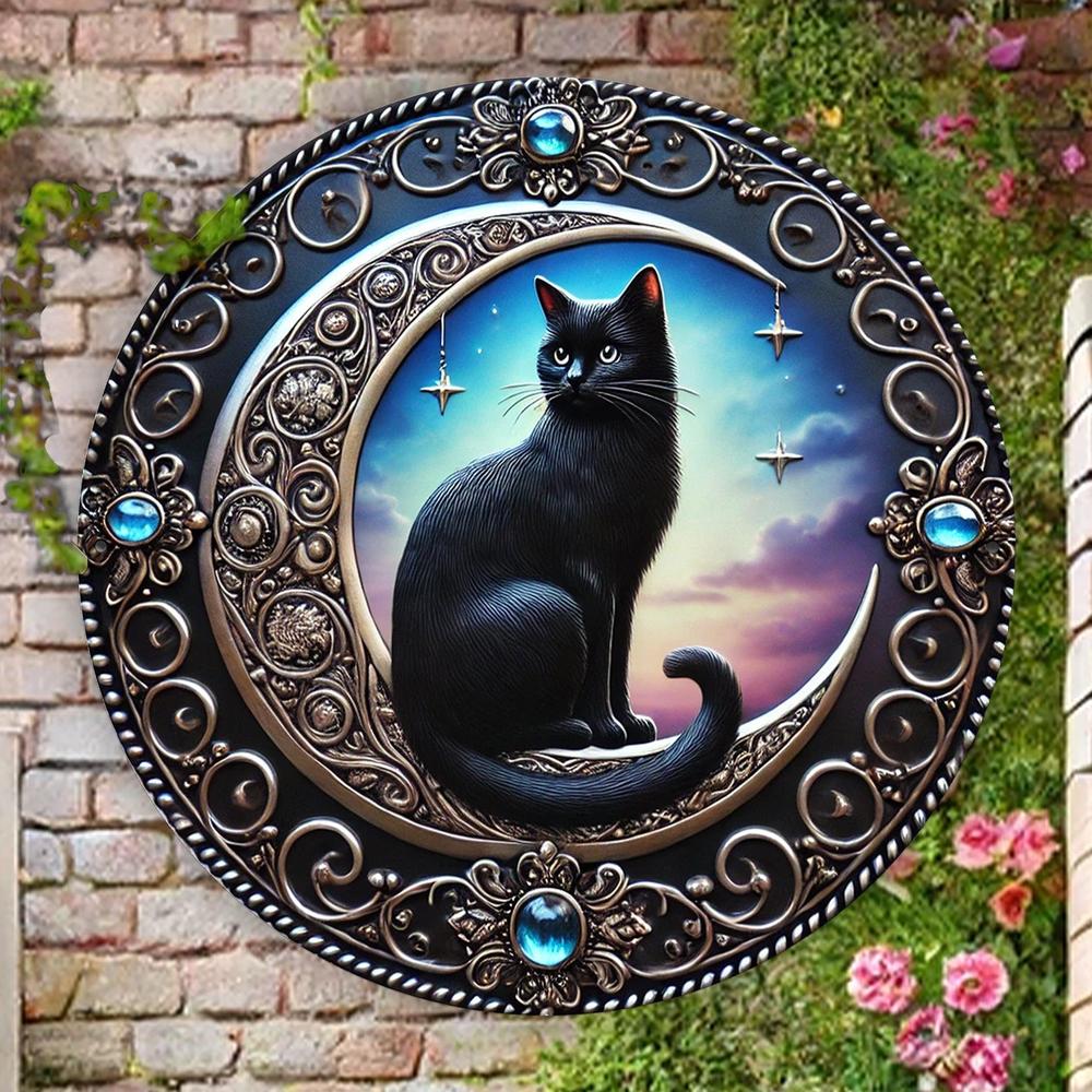 Enchanting Black Cat on a Crescent Moon Metal Sign-MoonChildWorld