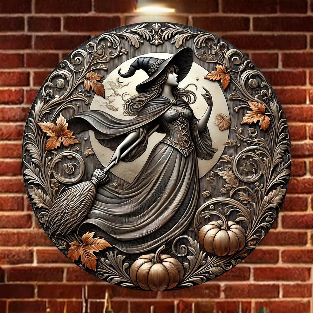Enchanting Witch with Broom Witch Metal Sign Halloween Decor-MoonChildWorld
