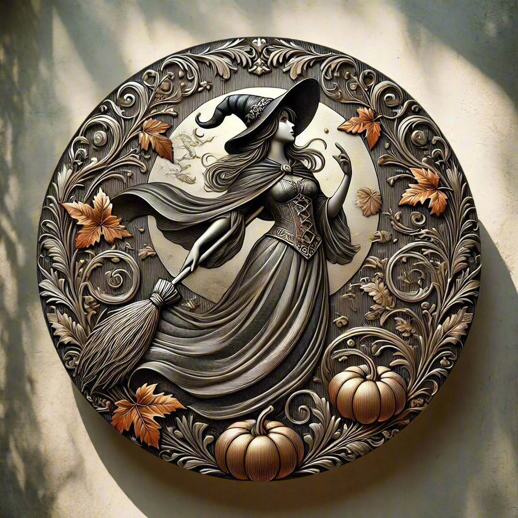 Enchanting Witch with Broom Witch Metal Sign Halloween Decor-MoonChildWorld