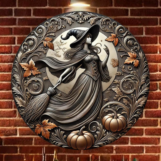 Enchanting Witch with Broom Witch Metal Sign Halloween Decor-MoonChildWorld