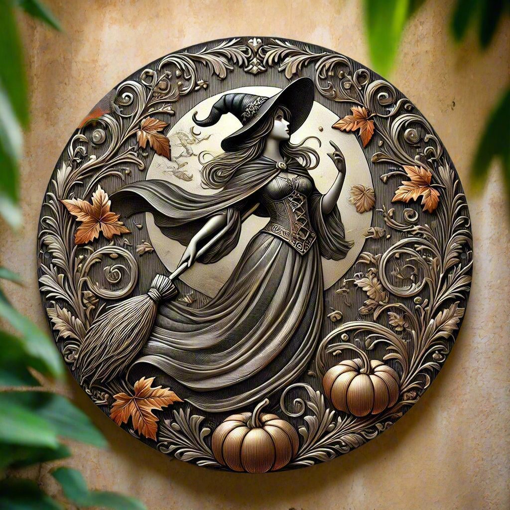 Enchanting Witch with Broom Witch Metal Sign Halloween Decor-MoonChildWorld