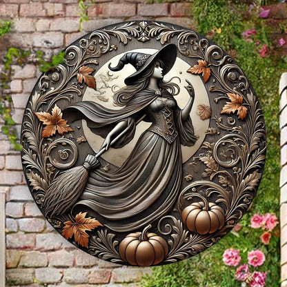 Enchanting Witch with Broom Witch Metal Sign Halloween Decor-MoonChildWorld