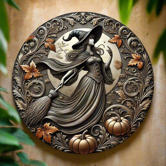 Enchanting Witch with Broom Witch Metal Sign Halloween Decor-MoonChildWorld