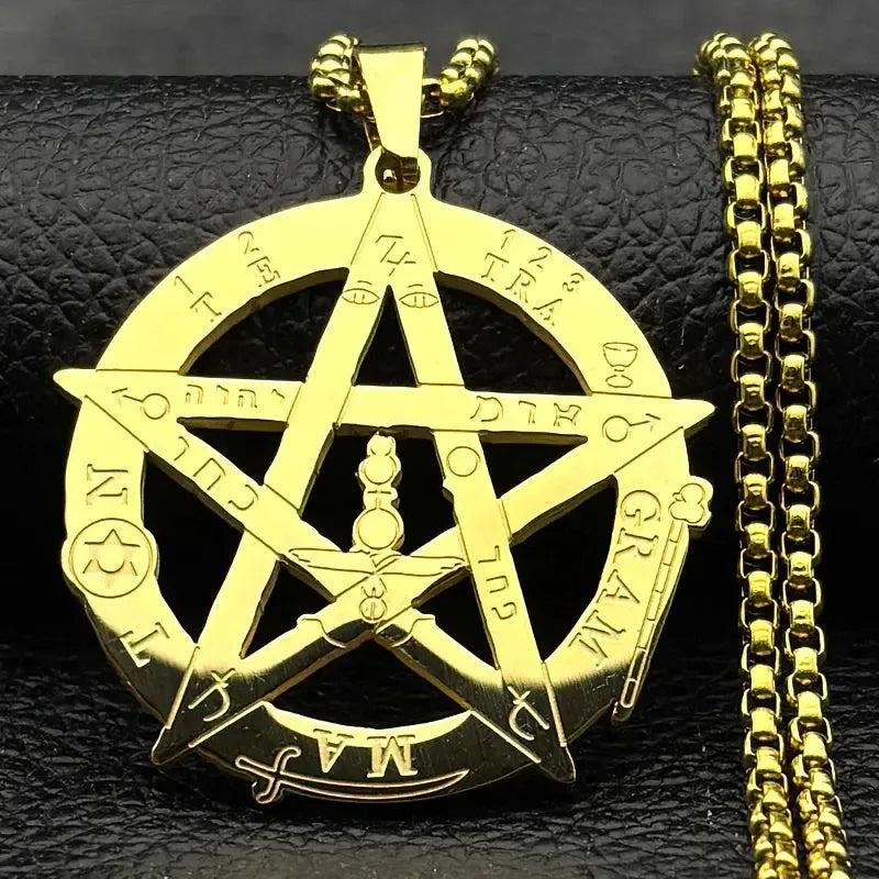 Gold stainless steel Witchcraft Pentagram Necklace with Tetragrammaton Seal of Solomon design and chain.