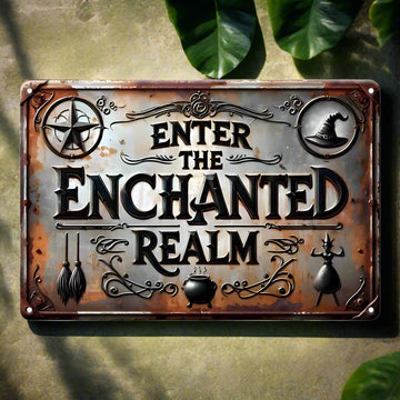 Enter the Enchanted Realm Metal Sign Witch Wall Decor Halloween Welcome Sign-MoonChildWorld