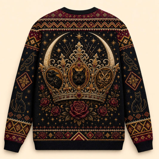 Enthroned Witch Sweater Black Cat Crown Owl Red Gold Knit back view