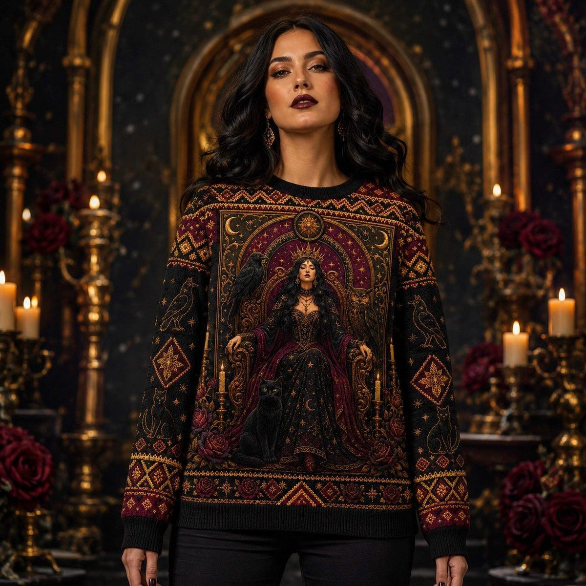 Enthroned Witch Sweater Black Cat Crown Owl Red Gold Knit worn, front view