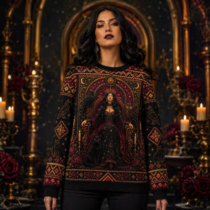 Enthroned Witch Sweater Black Cat Crown Owl Red Gold Knit worn, front view