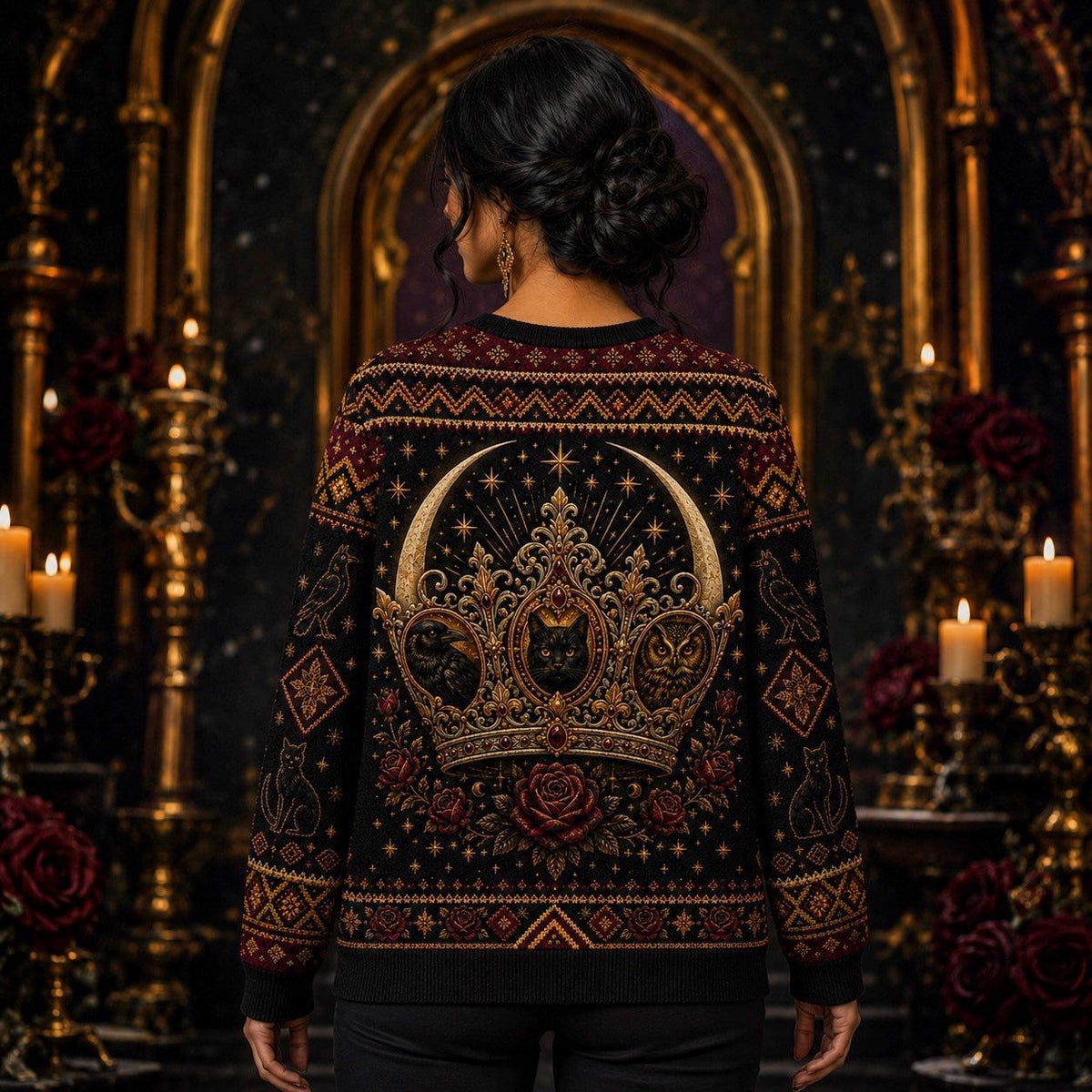 Enthroned Witch Sweater Black Cat Crown Owl Red Gold Knit worn, back view