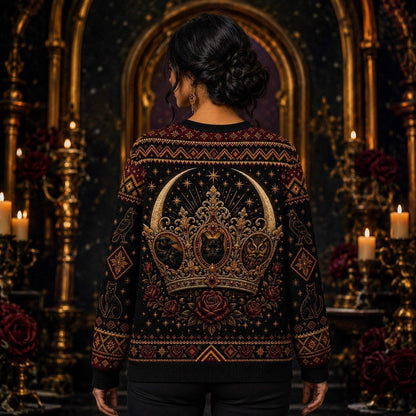 Enthroned Witch Sweater Black Cat Crown Owl Red Gold Knit worn, back view